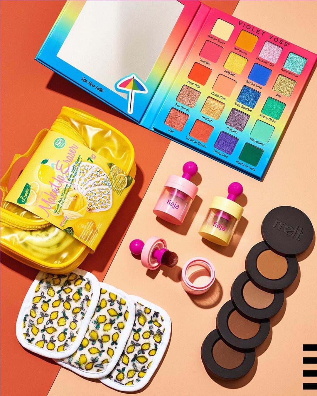 のインスタグラム：「The world needs more beauty that also makes you happy to look at ☀️ Meet the new, must-have items from brands you need to know. Drop a 🎊 if they make you smile. . . .  @makeuperaser @shopvioletvoss @kajabeauty @meltcosmetics」
