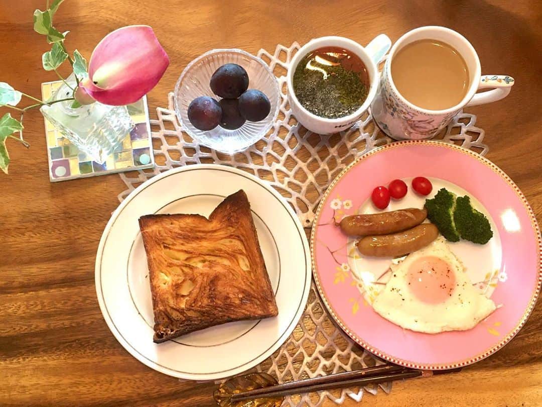 六車奈々さんのインスタグラム写真 - (六車奈々Instagram)「今日の朝ごはんは、パンにしました。ちょっと焦げたけど(^◇^;)  いつもと同じ設定でトースターに入れたんだけど、デニッシュパンは焦げやすいのね〜。  #朝ごはん #お家ごはん #トースト #花のある暮らし」10月4日 11時13分 - nanarokusha