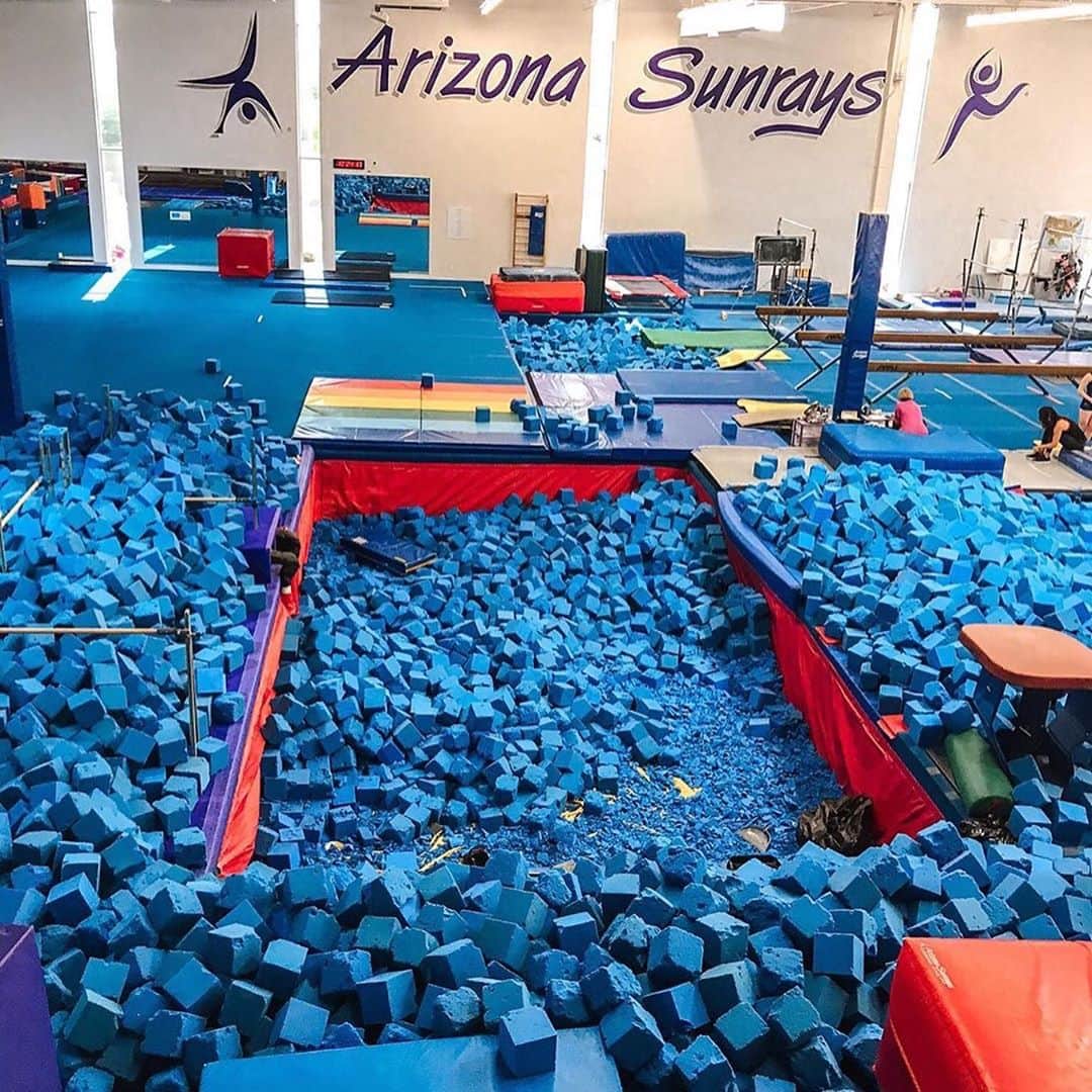 Inside Gymnasticsさんのインスタグラム写真 - (Inside GymnasticsInstagram)「1️⃣▶️2️⃣▶️3️⃣ @arizonasunrays Ever seen a foam pit being cleaned out? Blueberries everywhere! ➡️」10月4日 7時47分 - insidegym