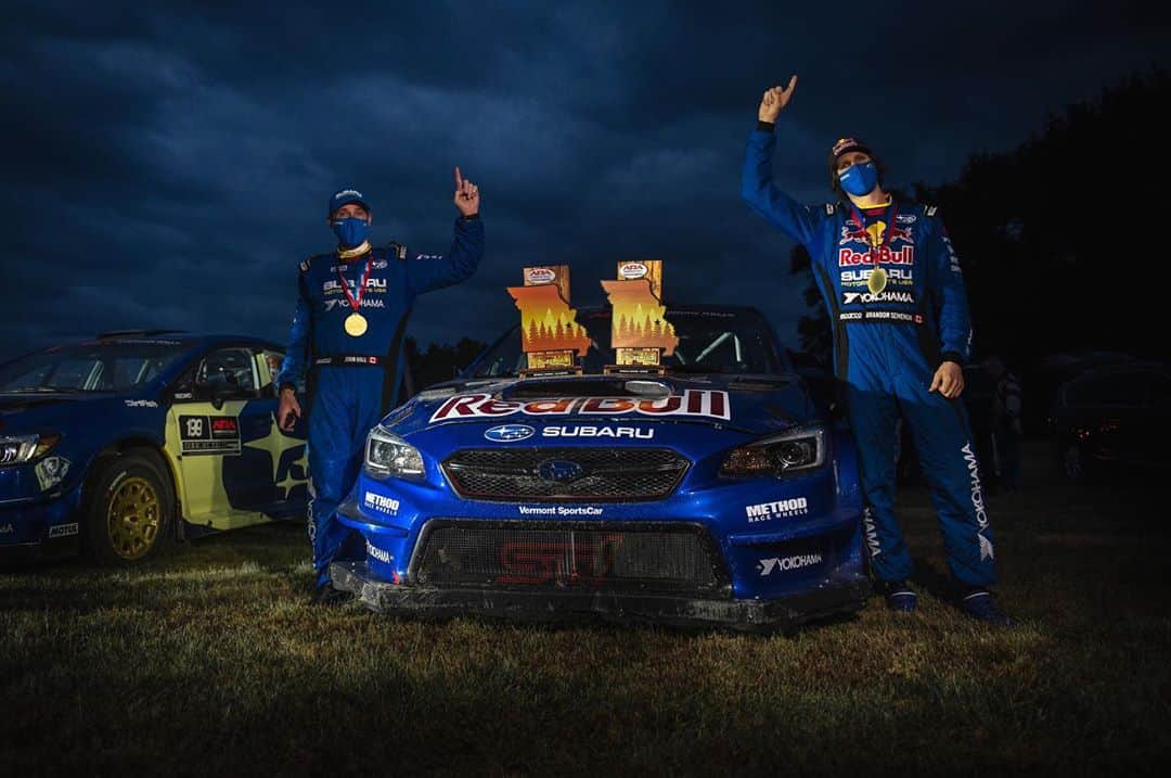 Subaru Rally Team USAさんのインスタグラム写真 - (Subaru Rally Team USAInstagram)「🍾🍾 Subaru #180 @BrandonSemenuk and John Hall (@john55sp) claim their first victory at the #ShowMeRally! It was a hard fought battle often separated by mere seconds with multiple lead changes all weekend, yet Subaru's newest team members emerged victors on the high speed and dusty forest roads of Missouri.  @TravisPastrana and @RhianonGelsomino kept up the pressure and after a last minute penalty for the points leader finish in 2nd in a 1-2 for #SubaruMotorsportsUSA! 🥳🤘🥳🤘  Final Times 1st Semenuk 52:38.7 2nd Pastrana +1:06.0 3rd Brennan +7:27.6  @ara_rally @subaru_usa @showmerally100aw #ARA_Rally」10月4日 9時30分 - subarumotorsportsusa