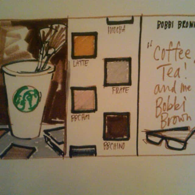 ボビー・ブラウンのインスタグラム：「An entrepreneur sometimes has brilliant ideas that go no where. This was one of mine years ago. I asked @drawbertson to draw it up to send it directly to @howard.schultz at @starbucks I imagined going in to buy a cup of joe and spy a palette that says wake up your makeup. I pitched but he didn’t bite. I got the idea remembering @calvinklein CKB fragrance sold at the cash out in Tower Records. Brilliant off the cup idea. Don’t ever be afraid to pitch.  No biggie if no one agrees. Keep at it. And shift if need be. ( organized my gigantic @dropbox during quarantine and found so many goodies)」
