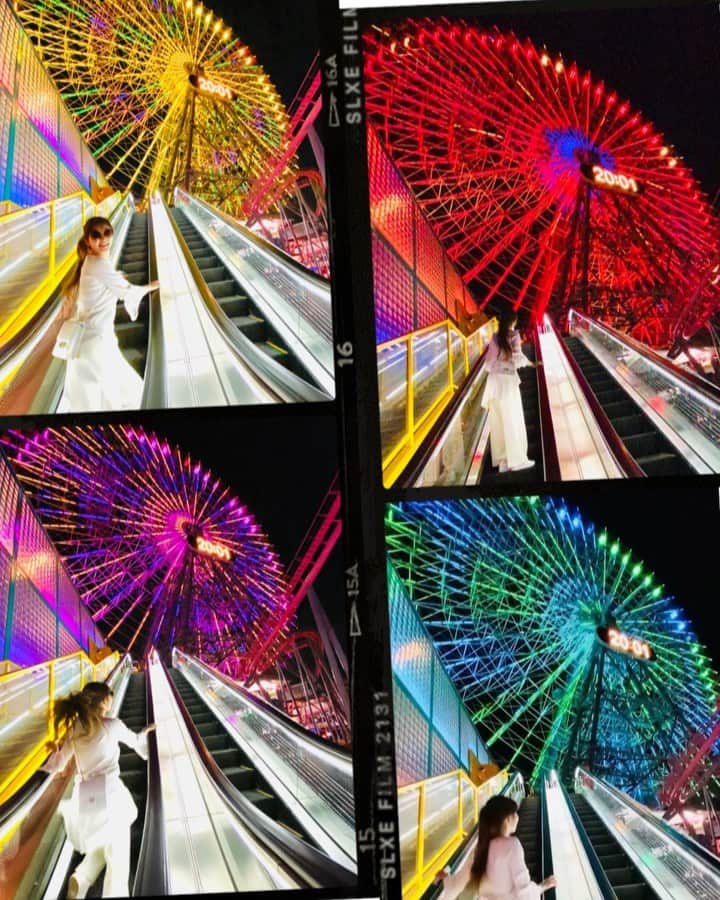 mycoのインスタグラム：「横浜の夜のお散歩🎡 走って向かいましたが 着いたら閉園しちゃった🤣  右下は撮影風景 観覧車の色が綺麗なの撮れるまで 連写です（笑）  #yokohama #minatomirai #横浜 #みなとみらい #観覧車　#観覧車🎡」