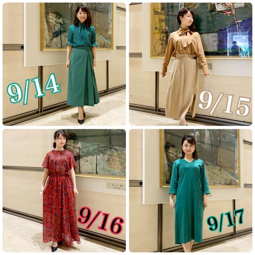 のインスタグラム：「2020.09.14(月) &15(火)&16(水)&17(木) #日本テレビ　「バゲット」 #日テレバゲット #衣装  #ワンピース  #ブラウス　#スカート @doubleface_tokyo_  #doublefacetokyo  #日テレ #テレビ衣装 #気象予報士 #お天気キャスター #気象キャスター  #weathercaster #weatherforecaster  #今日の衣装　#きょうの衣装　#今日の服 #今日のコーデ　#今日のスタイリング  #コーディネート　#153cmコーデ #低身長コーデ  #ootd #ootdfashion #ootdstyle  #fashion」
