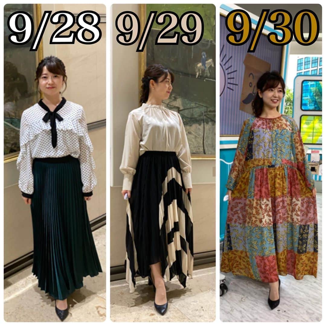 のインスタグラム：「2020.09.28(月) &29(火)&30(水) #日本テレビ　「バゲット」 #日テレバゲット #衣装  #ワンピース  #ブラウス　#スカート @galanos_official  #GALANOS  29日のトップスのみ @nostalgia_jp #nostalgia  #日テレ #テレビ衣装 #気象予報士 #お天気キャスター #気象キャスター  #weathercaster #weatherforecaster  #今日の衣装　#きょうの衣装　#今日の服 #今日のコーデ　#今日のスタイリング  #コーディネート　#153cm #低身長コーデ  #ootd #ootdfashion #ootdstyle  #fashion」