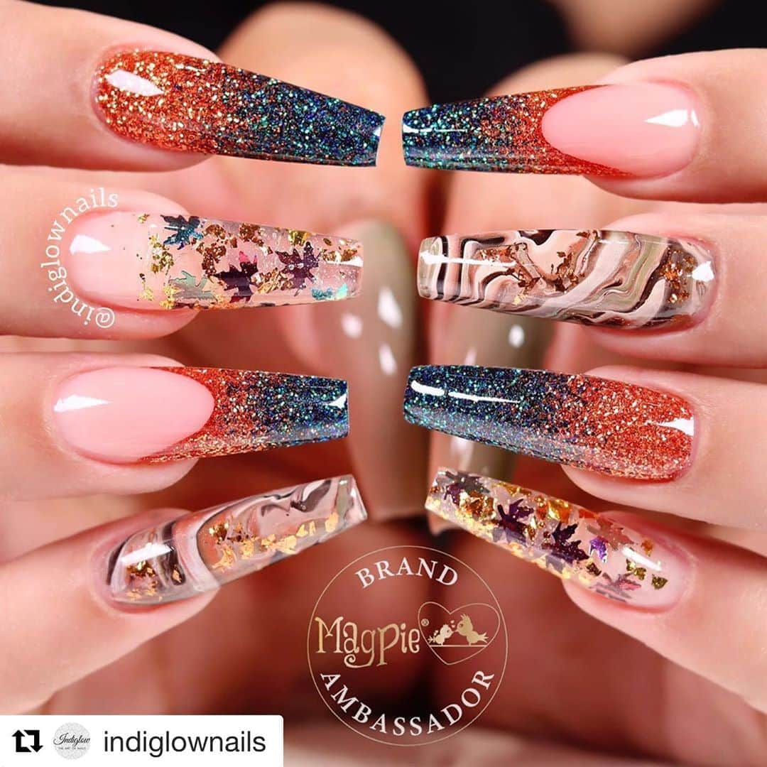 Nail Designsさんのインスタグラム写真 - (Nail DesignsInstagram)「Credit: @indiglownails  ・・・ 🍂🍃 Autumn Vibes 🍃🍂 _______________________________________ Using @magpie_beauty: ▪️ Magpie Gel Polish: OLIVE YOU MORE, JENNY WREN, BLACK BETTY, PAT A CAKE, NUDE JUDE ▪️ Magpie Leaves JACKSON ▪️ Magpie Leaf: GOLD, ROSE GOLD ▪️ Magpie Glitter: PENNY, JACKIE _______________________________________ #nails #nailsonfleek #nailsofinstagram #instanails #nailswag #nailstagram #naildesign #nailsoftheday #nailporn  #gelnailsdesign #gel #manicure #gelnails #nailitdaily #nailartaddict #nailartclub #perfectnails #nails2inspire #nail #magpie_beauty #magpiebeauty #magpieglitter #everythingmagpie #nailart #autumnnails #marblenails #foilnails #rosegoldnails #coffinnaila #longnails」10月5日 6時11分 - nailartfeature