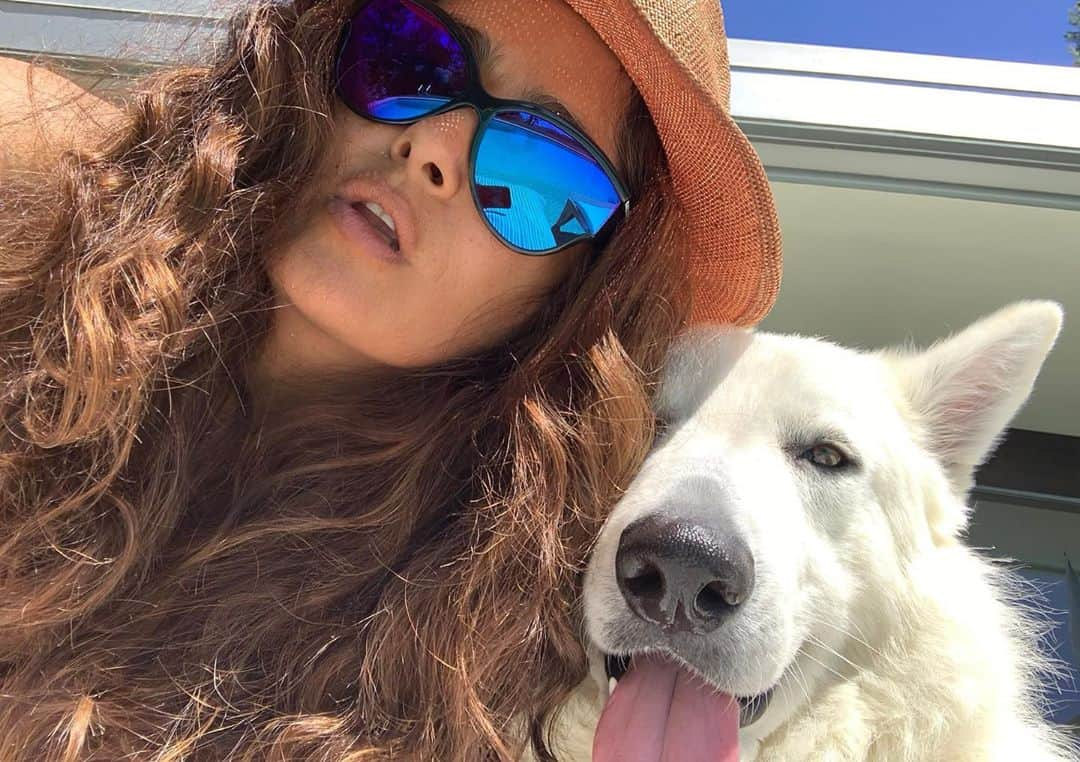 サルマ・ハエックさんのインスタグラム写真 - (サルマ・ハエックInstagram)「Hanging out with Lobito #worldanimalday  Pasando el rato con Lobito. Feliz domingo!  #selfiesunday」10月5日 0時57分 - salmahayek