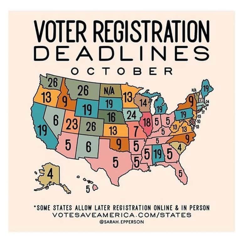 のインスタグラム：「If you haven’t registered to vote, you still have time! See the map below and go to www.whenweallvote.org (link in bio) #Vote PLEASE TAG SOMEONE WHO NEEDS TO SEE THIS!」