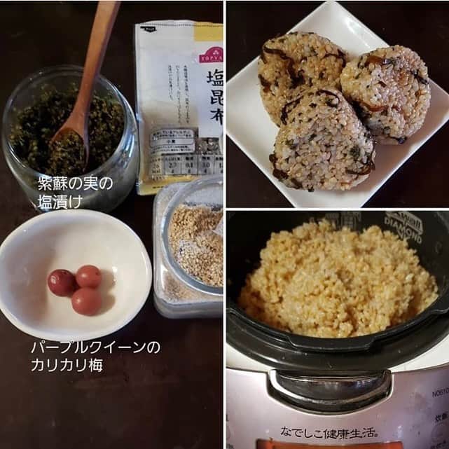 なでしこ健康生活さんのインスタグラム写真 - (なでしこ健康生活Instagram)「Repost from @chiaki.kiki   新米で発芽玄米と白米の栗ご飯 一晩水につけたむき栗とお酒と塩を入れて炊きました。 新米食べると幸せな気持ちになりますね。  6枚目、余分にむいた生栗です。さとうきび糖をまぶして冷凍保存しておくと、すぐに料理に使えます。 おせちの甘露煮に使うまでお休みです。  7枚目、染め物用の栗の渋皮煮出してます。  8枚目～、義父母は若い頃から朝食は、トーストとコーヒーですが、１年ぐらい前から義父がワシも玄米が食べたいと言うので、時々、発芽玄米でおにぎり作っています。最近は紫蘇の実入りおにぎりです。  #栗#栗ご飯#発芽玄米栗ごはん#発芽玄米#なでしこ健康生活#草木染め#おにぎり#発芽玄米おにぎり#紫蘇の実の塩漬け#紫蘇の実#カリカリ梅#パープルクイーン#小梅の塩漬け#小梅#季節を楽しむ暮らし#お家で楽しむ」10月5日 7時54分 - nadeshiko_healthy_life