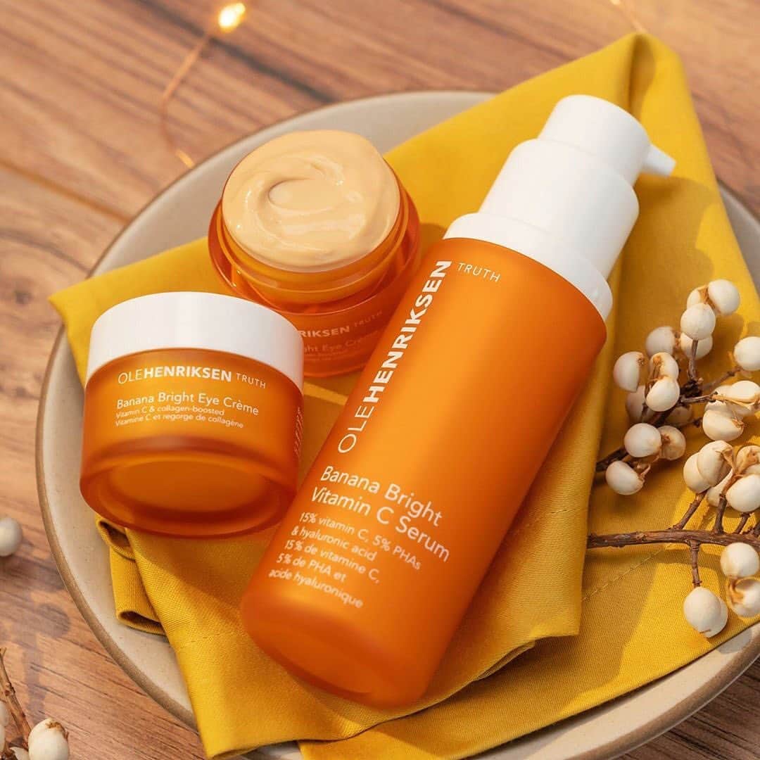 のインスタグラム：「From our friends at @olehenriksen: Your perfect fall skincare routine is SERVED 🍽️ Here's why you'll love these vitamin C faves this season: 🍊 Banana Bright Vitamin C Serum visually brightens, visibly firms, plumps skin with hydration and reduces the appearance of dark spots, pores and wrinkles 🍊 Banana Bright Eye Crème visibly brightens, firms, improves concealer wear and instantly reduces the look of fine lines and wrinkles Ready to fall for vitamin C?   Available at Sephora 😍」