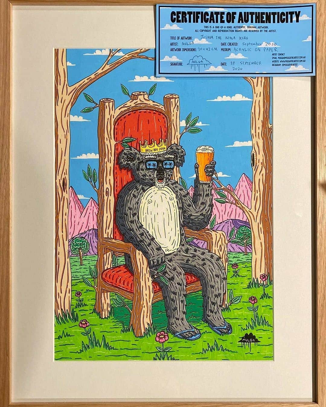 MULGAさんのインスタグラム写真 - (MULGAInstagram)「I painted Joshua the Koala King for @brewboyjosh 's birthday. Happy birthday brother 🎂😎 🐨. ⁣ ⁣ The story of Joshua the Koala King⁣ ⁣ Once there was a koala called Joshua and he was king of all the koalas in Koalaland. Mostly he was a fair and just king and one of his major policies was the provision of generous tax breaks to the independent craft brewery industry which resulted in a flourishing craft brewery industry in Koalaland. He provided these generous tax breaks because he loved a good craft brewski and he sampled a new one every day.⁣ ⁣ The End⁣ ⁣ #mulgatheartist #joshuathekoalakinglovesagoodcraftbrewski #koala #koalaart #craftbeer #australianart #australiaartist」10月5日 10時03分 - mulgatheartist