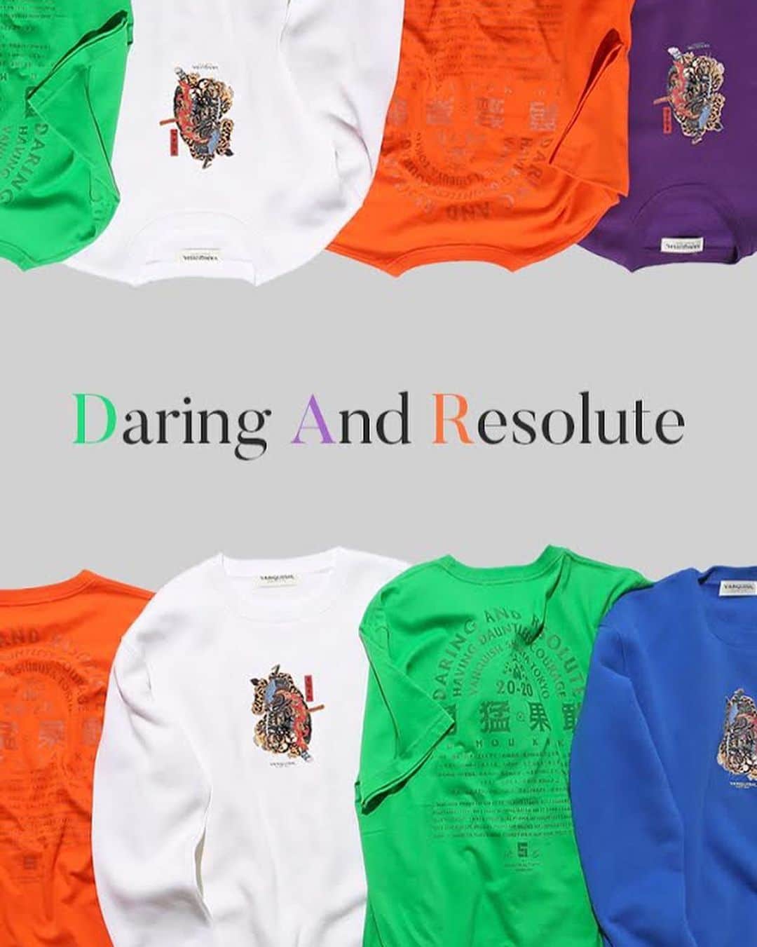 のインスタグラム：「ㅤㅤㅤㅤㅤㅤㅤㅤㅤㅤㅤㅤㅤ ■ Daring And Resolute T-shirt[VWC069] Color:White/Black/Purple/Green/Orange Size:M/L/XL ㅤㅤㅤㅤㅤㅤㅤㅤㅤㅤㅤㅤㅤ  ■ Daring And Resolute Sweat Shirt[VWC068] Color:White/Black/Purple/Blue Size:M/L/XL ㅤㅤㅤㅤㅤㅤㅤㅤㅤㅤㅤㅤㅤㅤㅤㅤㅤㅤㅤㅤㅤㅤㅤㅤㅤ Shop link bio！ ——————————————— ‪#VANQUISH #vanquishjp」