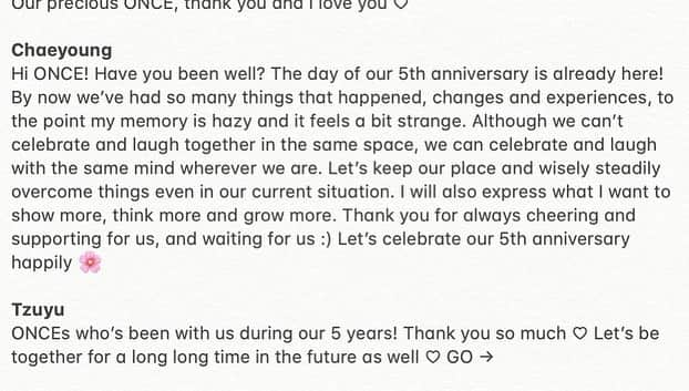 チェヨンさんのインスタグラム写真 - (チェヨンInstagram)「twice’s 5th anniversary message can’t believe it’s been 5 years already🥺💗 #chaeyoung #채영 #twice #트와이스 #prettyrapstarchaeyoung  cr. misayeon」10月5日 10時52分 - twicechaeyoung