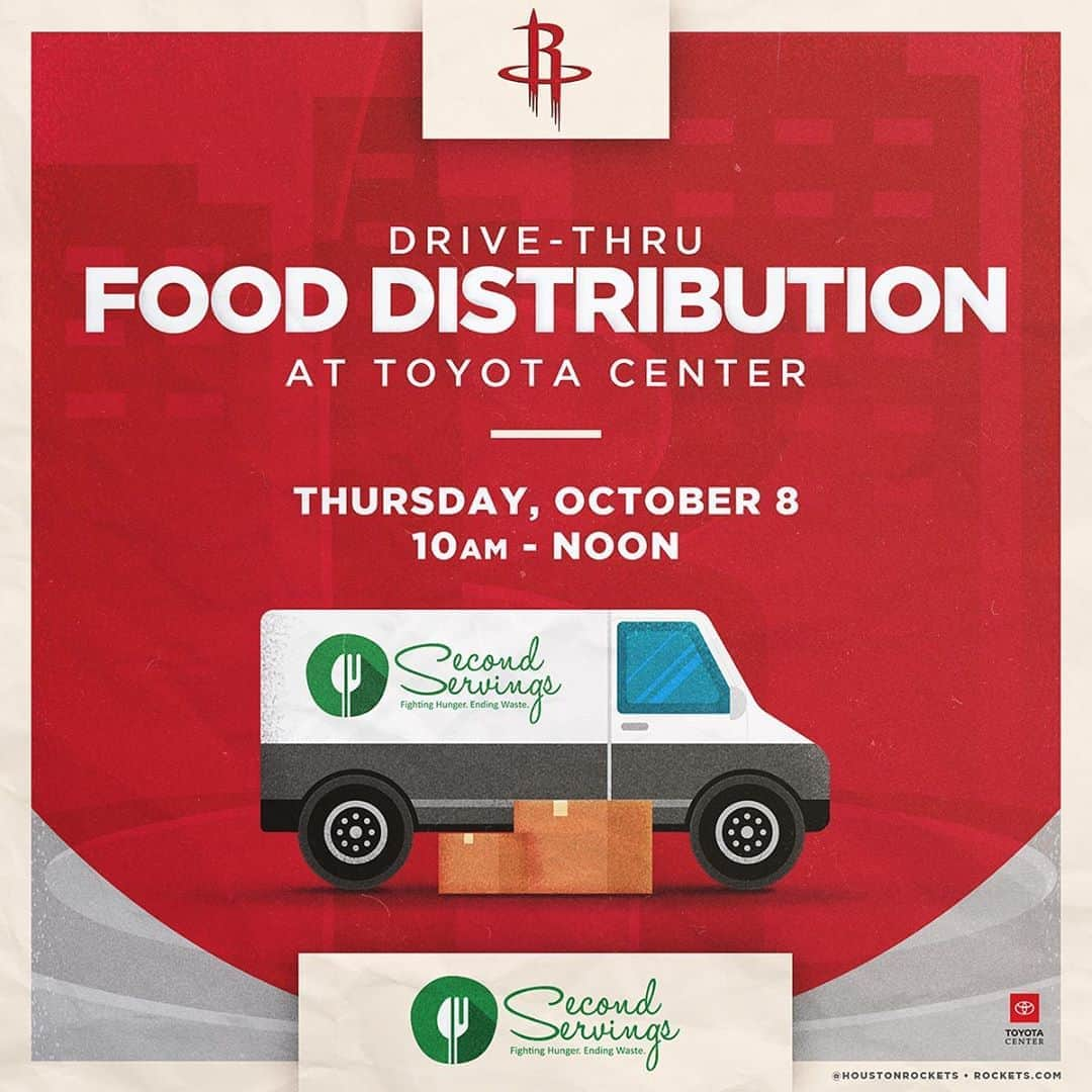 ヒューストン・ロケッツさんのインスタグラム写真 - (ヒューストン・ロケッツInstagram)「The Houston Rockets are excited to again partner with @secondservingshouston for a 2nd drive-thru food distribution this Thursday! ⏰ 10a-12p 📍 @toyotacenter  🍴 Free family-sized meals 🤝 Open to the public 🚀 @rocketsmascotclutch appearance 💻 More Info At Rockets.com」10月6日 0時03分 - houstonrockets