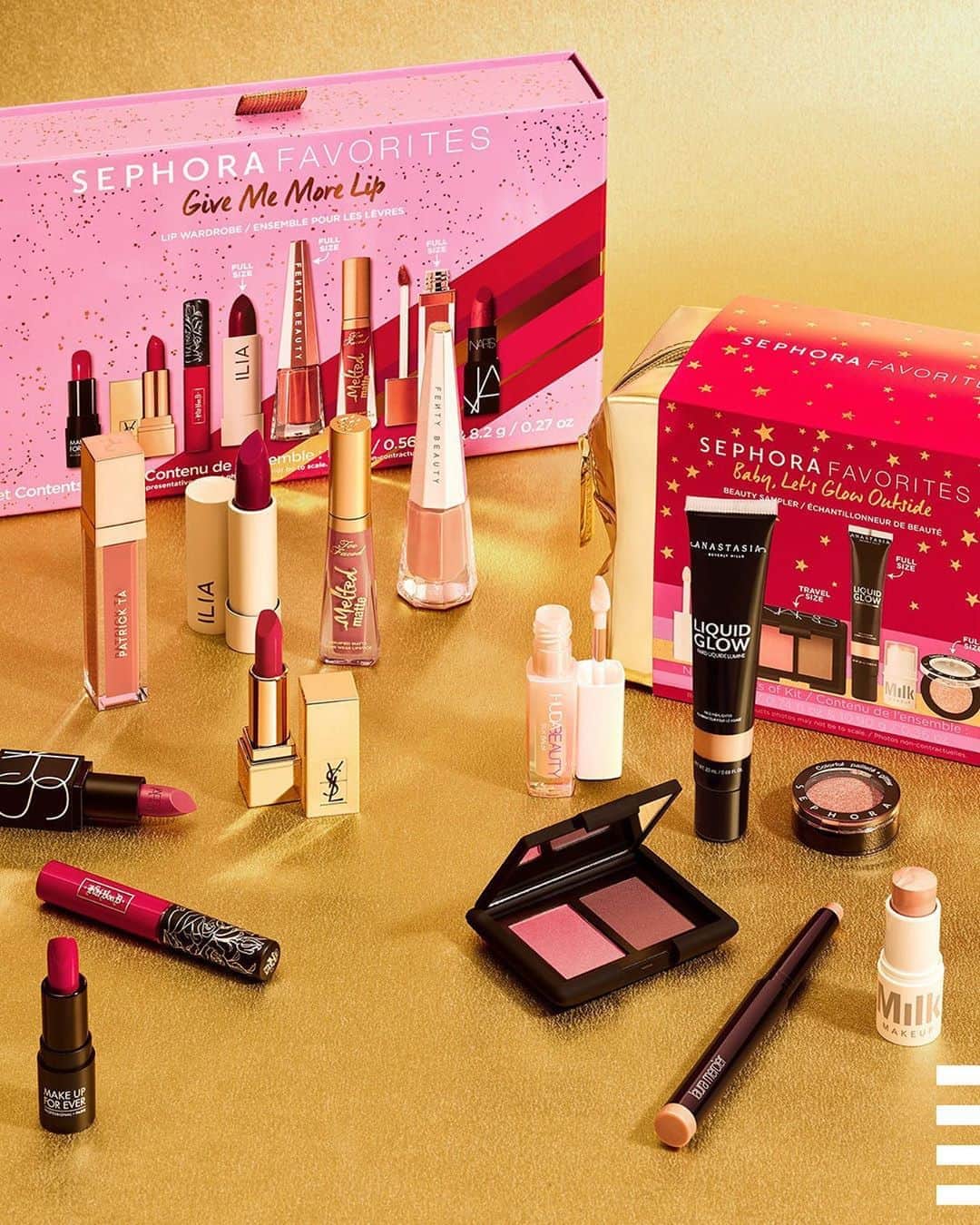 のインスタグラム：「The new Sephora Favorites kits come with so many faves and full-size products, they’re not just a snack—they’re the whole meal 🍟🍨🍬 Get the Give Me More Lip set for $45 ($124 value) for all things lipstick, or try the Baby, Let’s Glow Outside set for $42 ($98 value) that comes with everything you need for a bronzy, glowy look 🖤🤍」
