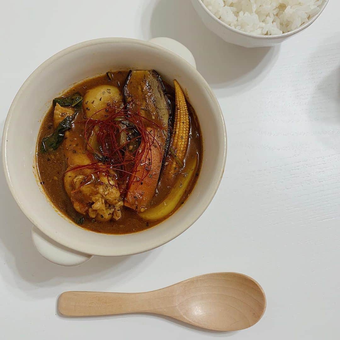 浪花ほのかのインスタグラム：「・ ・ ・  スープカレー🥘🥘  鶏手羽元 4本 玉ねぎ 1個 にんじん 小1本 じゃがいも 少4つ ナス 2本 ほうれん草 3束 パプリカ 半分  ベビーコーン 4つ マッシュルーム 4つ  【スープ】 カレーのルー 40ｇ (3片) 有塩バター 25ｇ マヨネーズ 大さじ1 にんにくチューブ 2.5cm しょうがチューブ 2.5cm ホールトマト 300ｇ バジル 大さじ1 チリペッパー 小さじ1.5 コンソメ 小さじ2 ブラックペッパー 少々 塩 少々 水 650ｇ  最後に 糸唐辛子を少し上に置いて バジルをふっかけたらいい感じに(*¨*) 具沢山、栄養摂取(*¨*)♥♥」