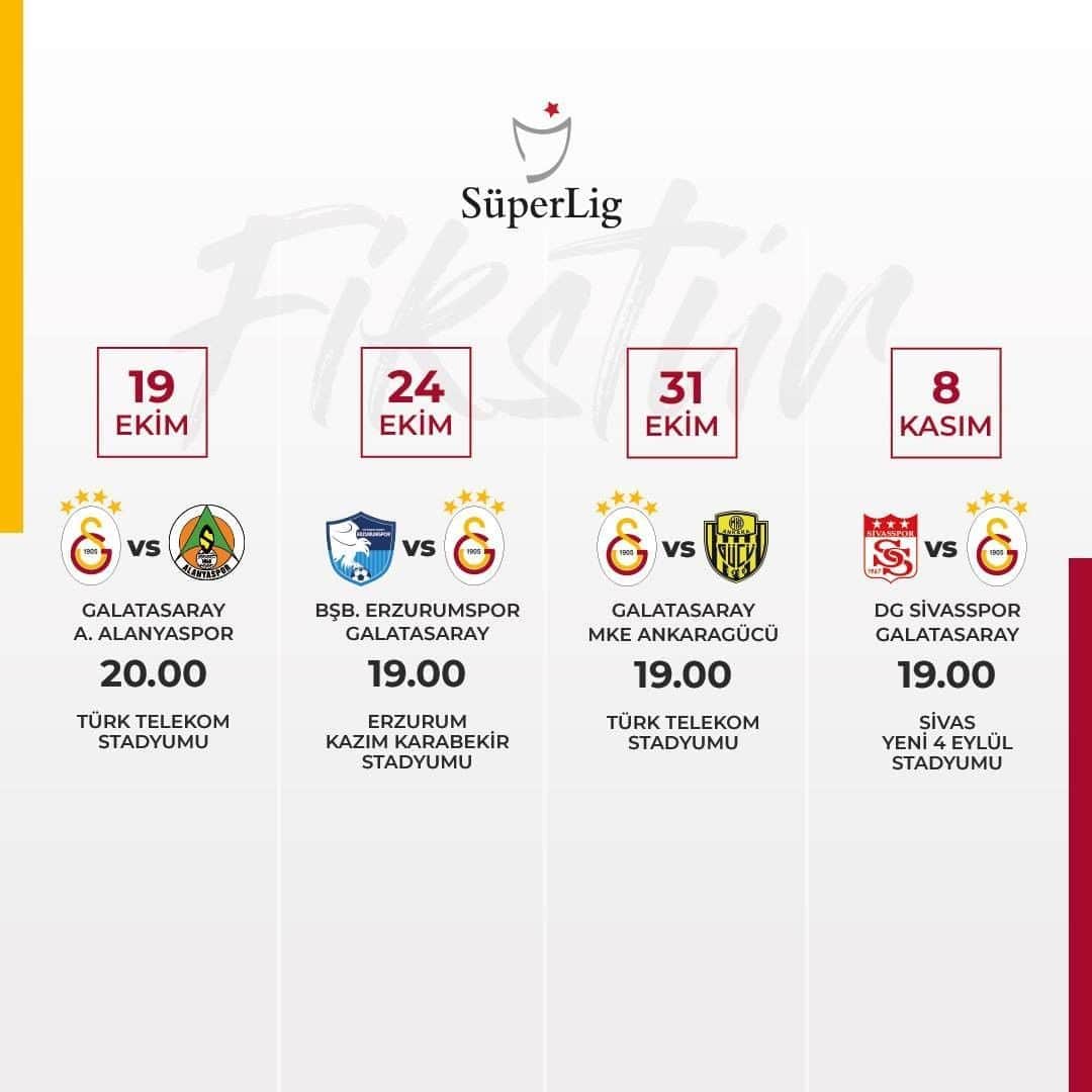 ガラタサライSKさんのインスタグラム写真 - (ガラタサライSKInstagram)「Süper Lig 2020-2021 Sezonu'nda 5, 6, 7 ve 8. haftanın programı belli oldu. 🗓」10月5日 20時54分 - galatasaray