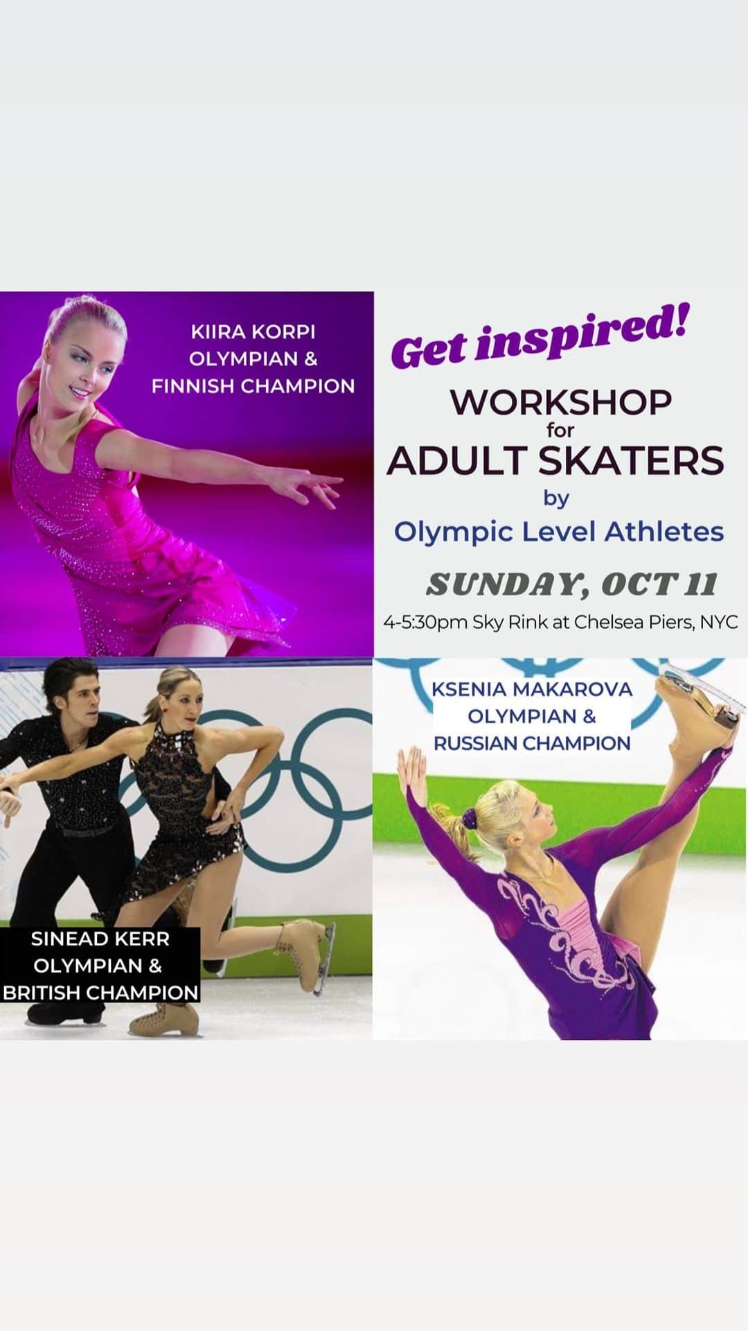キーラ・コルピのインスタグラム：「Now is your change 🌟 Come skate with us this upcoming Sunday at Sky Rink!  You’ll get to be inspired by  Sinéad Kerr, 2x Olympian & 7x British Champion @sineadskate  Ksenia Makarova, Olympian & Russian Champion  Kiira Korpi, 2x Olympian & 5x Finnish Champion  Link to register in my bio!  (Dan is unfortunately unable to be with us this Sunday, but he will be taking part in future “Get inspired” workshops)」
