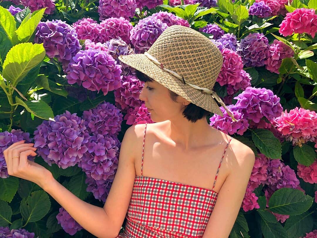 橘モニカのインスタグラム：「The hat my grandma gave me💕 . . . . . #France #Bretagne #hat #summer #flowers #hydrangea #pink #purple #style #fashion #model #フランス #プルターニュ #帽子 #夏 #花 #アジサイ #ピンク #紫 #スタイル #ファッション #モデル #프랑스 #스타일 #패션 #모델 #일상」