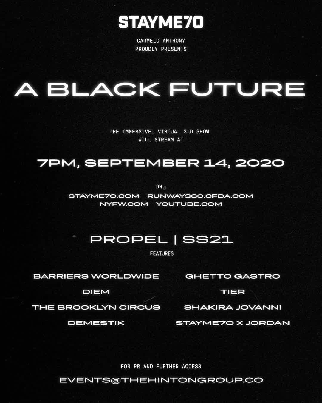 カーメロ・アンソニーのインスタグラム：「I'm excited to share my collaboration with the 7 black designers selected for the inaugural class of #PropelSS21. The opportunity to use my platform to help uplift Black creatives means a lot to me. Stay tuned for ‘A Black Future’ Monday, Sept. 14 on www.stayme7o.com. #STAYME7O」