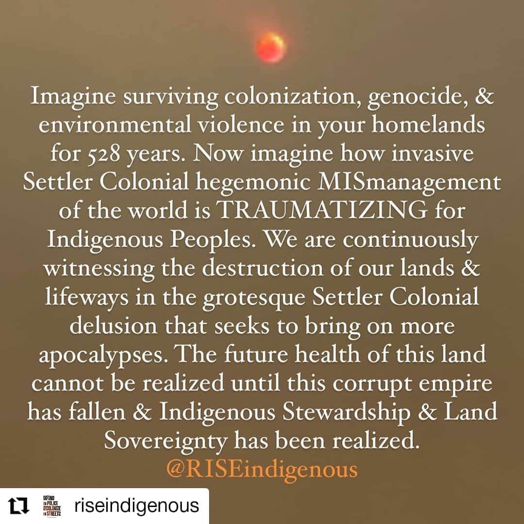 ガソリングラマーさんのインスタグラム写真 - (ガソリングラマーInstagram)「#Repost @riseindigenous • • • • • • Imagine surviving colonization, genocide, & environmental violence in your homelands for 528 years. Now imagine how invasive Settler Colonial hegemonic MISmanagement of the world is TRAUMATIZING for Indigenous Peoples. We are continuously witnessing the destruction of our lands & lifeways in the grotesque Settler Colonial delusion that seeks to bring on more apocalypses. The future health of this land cannot be realized until this corrupt empire has fallen & Indigenous Stewardship & Land Sovereignty has been realized.」9月12日 2時30分 - gasolineglamour