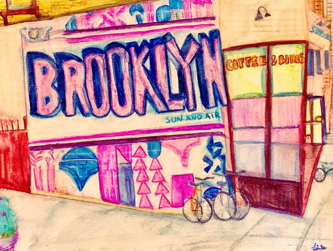 リンジー・クラフトのインスタグラム：「“this ones called queens”  also, my dad grew up in brooklyn. my mom grew up in queens. i had 2 bikes stolen when i lived in nyc. and you know what, i don’t care. new york is- and always will be the best place in the world. feel lucky to have grown up there. #neverforget  also, @chrissybrucato brooklyn is you. and also, @brooklyndecker cause ya know... ❤️ #watercolorpainting #watercolorpencils #thisonescalled」