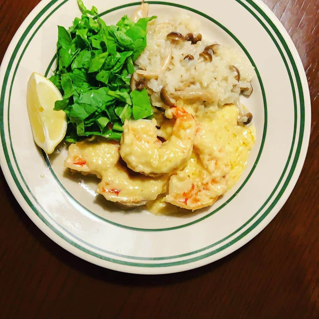 志摩有子さんのインスタグラム写真 - (志摩有子Instagram)「繁忙期につき料理をさぼり気味、一品で満足できるメニュー。レモンリゾットにガーリッククリームソースの海老のソテーを添えて。 晩ごはん食べてすぐソファーで寝落ち。そんな時もある。」9月12日 3時13分 - ariko418