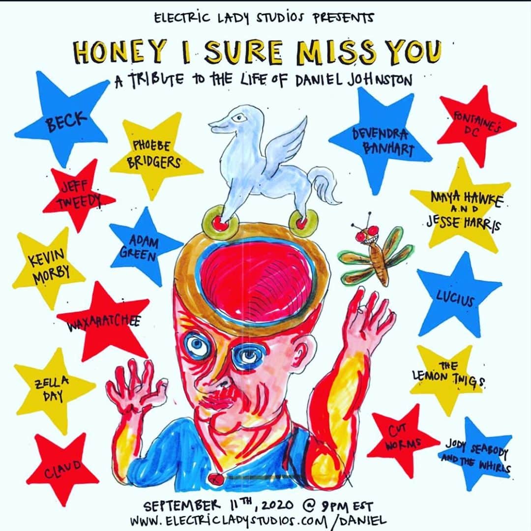 Beckのインスタグラム：「Celebrating Daniel Johnston Tonight. 9 PM Eastern time and 6 PM West Coast time I will be performing a song at @electricladystudios. Some of my pals are playing too. Should be a pretty good home show @devendrabanhart @jefftweedy @averagecabbage」