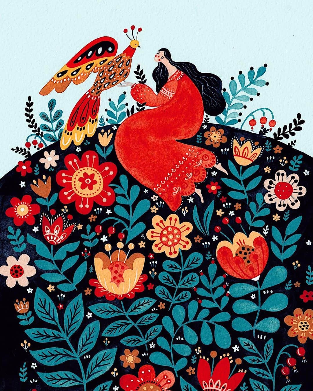 Dinara Mirtalipovaのインスタグラム：「“Field of Dreams”, gouache on paper.  In collaboration with @moleskine   I was born and raised during the Soviet Era in Tashkent, Uzbekistan. It is located in Central Asia, and culturally it has been influenced by so many surrounding cultures from Imperial Russia and China and the Silk Road to the Ottoman Empire and Persia. All the women in my family were artsy. It wasn’t considered a talent, but rather a norm. Growing up, I never considered myself an artist. I enjoyed drawing and doodling, that was my comfort zone, but I studied computer science and programming languages. As I got older and began experimenting with different techniques and mediums, I realised it was more than a hobby.  I have always been an advocate for folk art. Most folk artists are not professional artists; they simply love to paint. I’ve met many people who don’t consider themselves artists simply because they are amateurs and don’t have an art degree. I always encourage people of all ages to try art, and if it brings joy to their heart – they can call themselves true artists.  For full interview head over to Moleskine.com or Foldmagazine.com  #moleskine #moleskinestudio #mirdinaraxmoleskine #mirdinara」