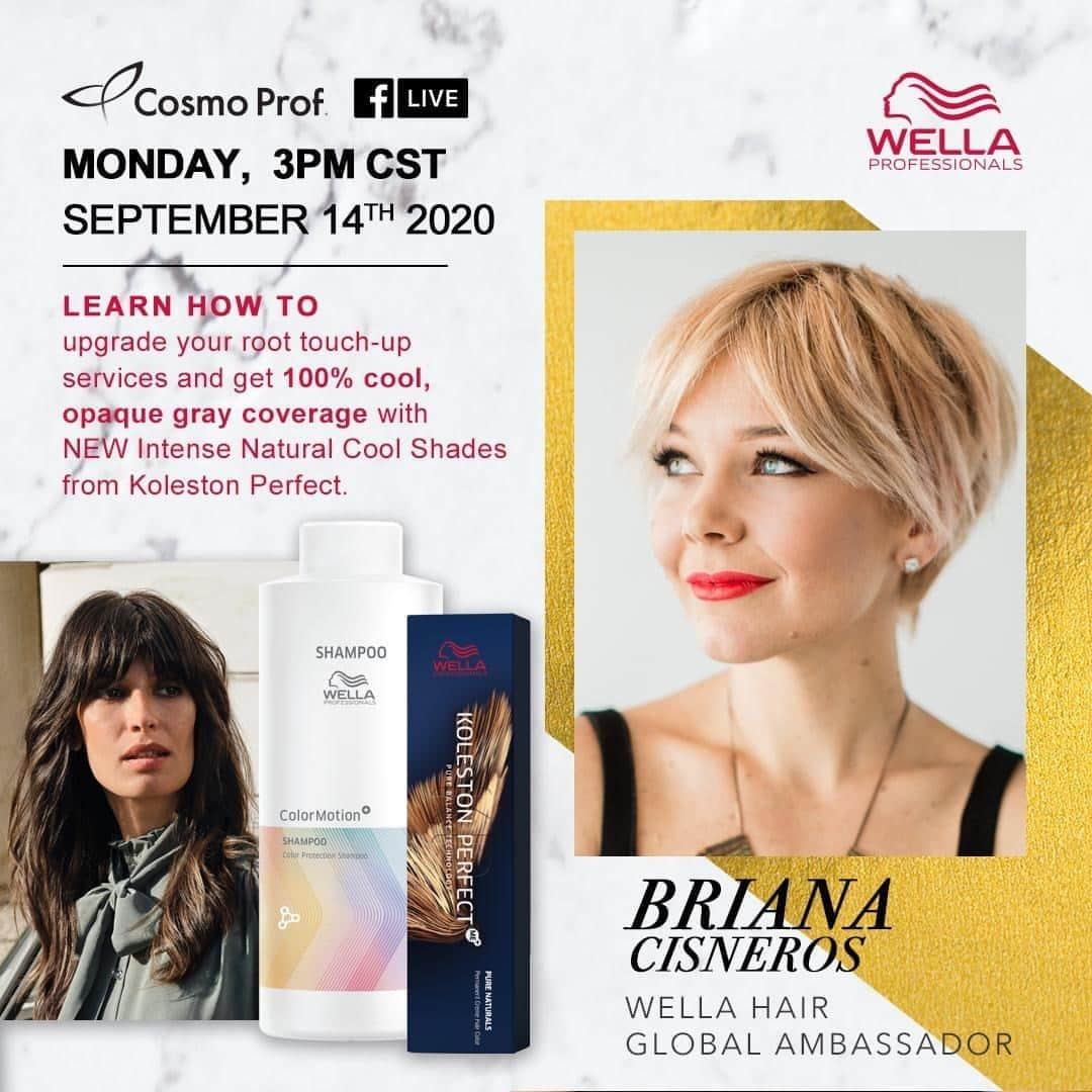 CosmoProf Beautyさんのインスタグラム写真 - (CosmoProf BeautyInstagram)「Mark your calendars!📅 ⁣ ⁣⁣⁣ Join us Monday, September 14th at 3 PM CST, for a Facebook Live event with @wellahairusa Global Ambassador @brianacisneros 🖌. ⁣ ⁣ Briana will be demonstrating how to upgrade your root touch-up services and get 100% cool, opaque gray coverage with the NEW Wella Intense Natural Cool Shades.⁣ ⁣ ⁣⁣⁣Don't forget to give us a 👍 on Facebook to receive notifications once we go live!⁣⁣⁣⁣⁣ ⁣⁣⁣ #cosmoprofbeauty #licensedtocreate #wella #wellahair #wellacolor #FacebookLive #grayhair #grayhairdontcare #greyhair #greyhairdontcare」9月12日 5時00分 - cosmoprofbeauty