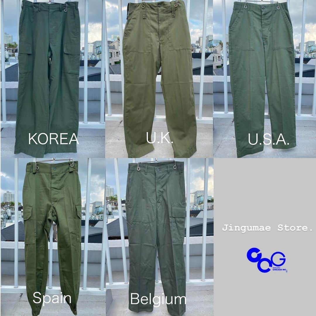 のインスタグラム：「. #原宿シカゴ神宮前店  #ccg_jin  【MilitaryPants 】 国別ミリタリー パンツ早見表✨  【韓国】 ホスピタルパンツみたいな質感。 サラッとしていて履きやすい。 両膝に前ポケット有り。  【イギリス、U.K.】 ベルトループにサスペンダーボタン有り。 カーキの色味がくすみ系が多い。  【アメリカ、U.S.A.】 ラルフローレンのコットンパンツのような質感。 シンプルな作りで、長く履くことが出来る。  【スペイン】 アルゴンとポリエステルの異素材パンツ。 腰と裾にゴムが入っている。　 ダブルニー仕様。  【ベルギー】 Dickiesのワークパンツのような質感。 ストリートスタイルに最適なパンツ。 カーキの色味でストリート感出したい人にオススメ。  神宮前店は各国のミリタリー パンツ豊富に取り扱っております💪 カーキの色味をお探しの方、ミリタリー アイテムをお探しの方は、神宮前店にお越し下さい✨  この早見表を右下から保存して、ぜひ、店頭にてお確かめ下さいませ👌  皆様のご来店お待ちしております🧶  #原宿#原宿シカゴ#古着﻿ #古着屋巡り  #ストリートファッション #ストリート系女子 #ストリートスナップ #m65 #ma1 #古着女子#古着男子#フルジョ #fashionsnap #原宿古着﻿ #古着コーデ #古着屋巡り #ピープス女子  #原宿#下北沢#吉祥寺#京都﻿ #harajuku#streetfashion ﻿#ミリタリーパンツ　#ミリタリー　 #秋物入荷　#秋物　#軍パン #70sfashion」