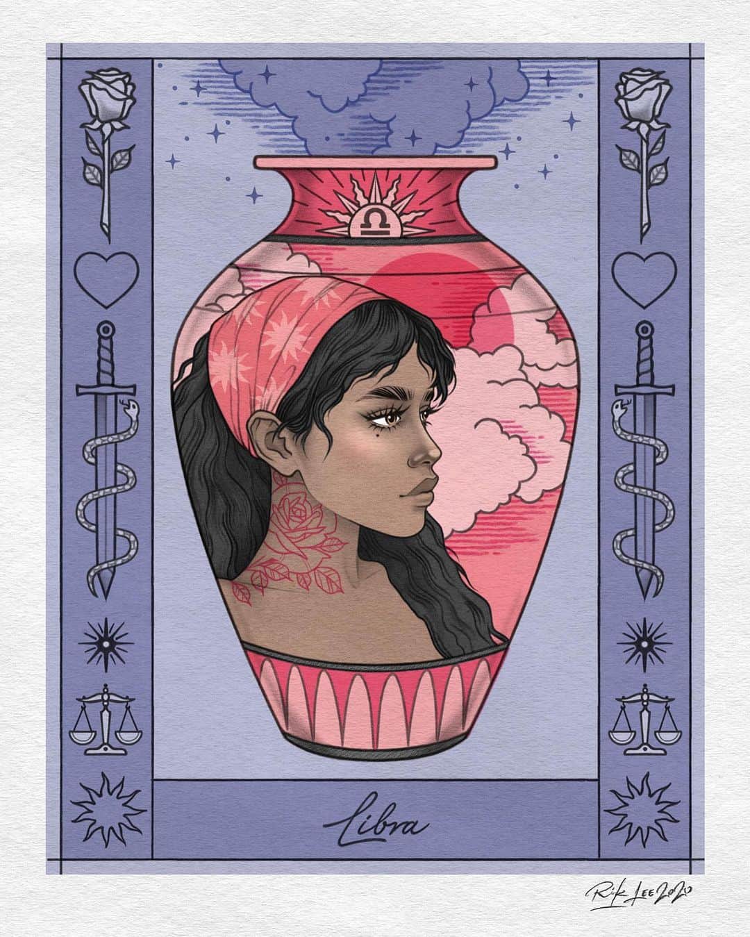 Rik Leeのインスタグラム：「I just finished the second piece in my zodiac series - Libra! I’m really enjoying drawing these. Who’s next?!  . #riklee #illustration #art #zodiac #starsigns #libra #horoscope #goddess #beauty #vase #tattoo #drawing」