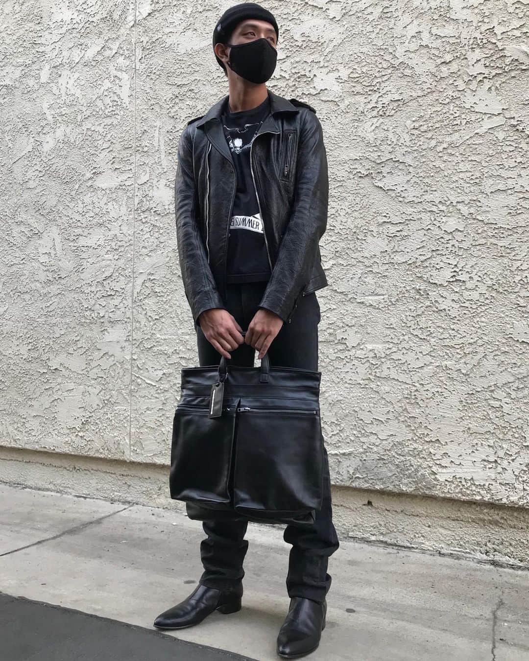 のインスタグラム：「It’s not easy being a guidi in 100 degree weather  Top: Junya Watanabe Comme des Garçons Size Small - $79 (In-Store Only) Bottoms: Number-Nine Denim Size 3 - $89 (In-Store Only) Jacket: Rick Owens Size 36 - $579 Boots: Saint Laurent Size 43 - $399 (In-Store Only) Bag: Porter Crossbody - $159  Modeled By: @freetuan  #saintlaurent #menswear #numbernine #rickowens #commedesgarcons #cdg #guidi #leatherjacket #streetwear #highfashion」