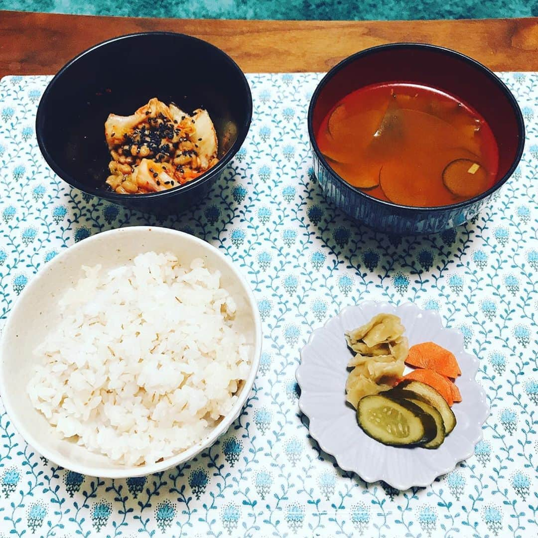 大湯みほさんのインスタグラム写真 - (大湯みほInstagram)「………… 朝からた〜っぷり✨発酵食品✨とりいれてます🙋‍♀️ ・ 玄米ごはん・納豆キムチ・野菜たっぷり味噌汁・ぬか漬け ・ 夏の暑さは🌞発酵食品もりもり食べて、夏バテ知らずで過ごせましたー❗️まだまだ、残暑が続く毎日ですが…季節の変わり目の温度の変化などで🍃体調を崩したりしないように、うがい手洗いはしっかりと✨よく食べよく寝て✨軽い運動〜を心がけて下さいね❗️ ・  #ぬか漬け　#糠漬け　#乳酸菌　#旨味 #酵素　#発酵　#植物性乳酸菌　#腸内環境　#免疫力アップ　#ぬか漬けマイスター　#漬けみちゃん　#大湯みほ　#腸活レシピ　#菌活生活」9月12日 11時44分 - nukazukemiho0320