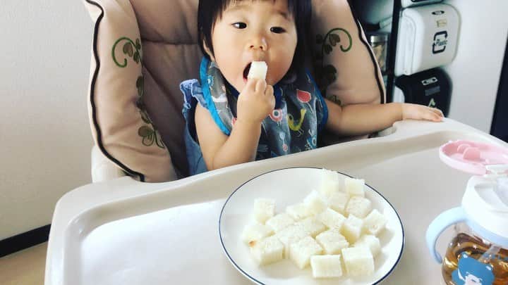 RYUのインスタグラム：「て で もって たべる を おぼえた！ レベル が 1 あっぷ した！ #RYUの子育て奮闘記」