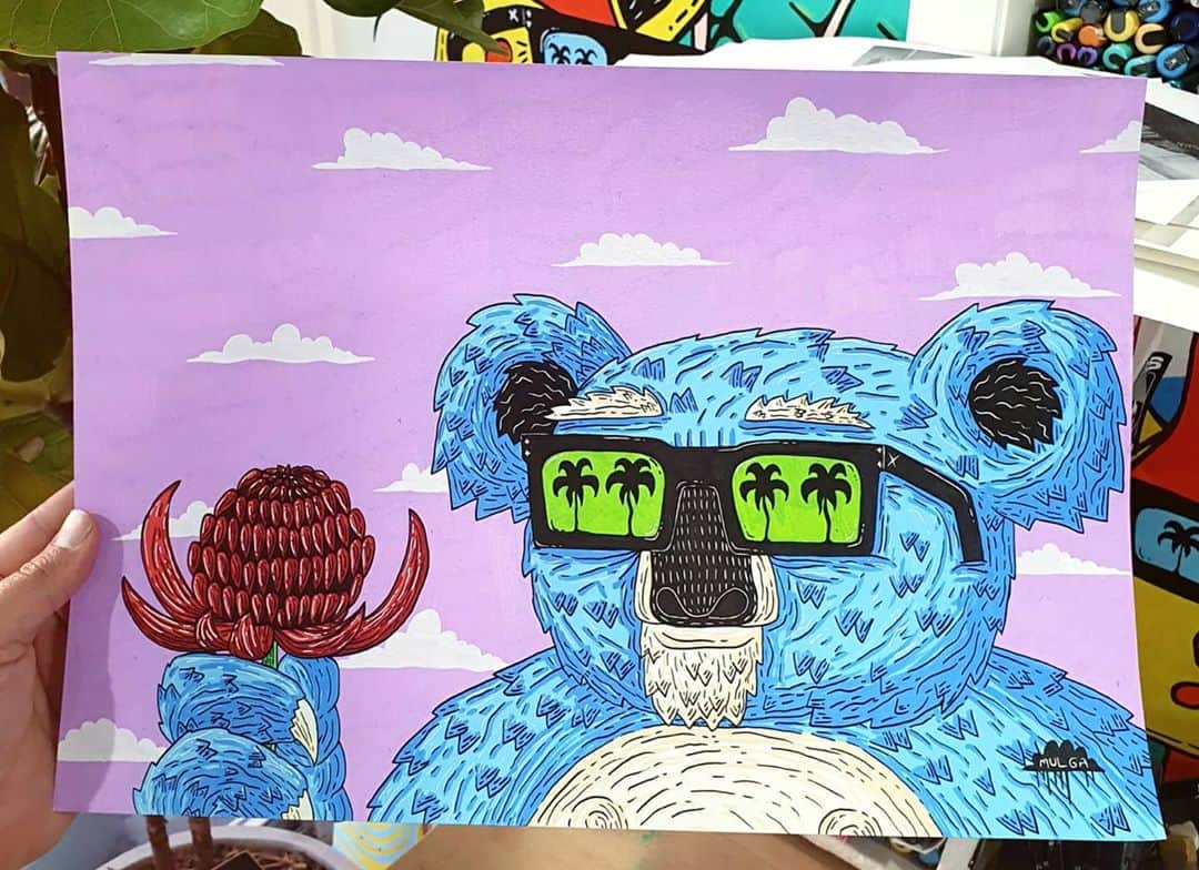 MULGAさんのインスタグラム写真 - (MULGAInstagram)「Waratah Wazza the Koala 🐨⁣ ⁣ He'll be taking part in the 100 ARTWORKS for a KOALA which will be a travelling artshow raising funds for @LivingWithKoalas which does good things for koalas. If you're an artist hit them up if you'd like to participate. ⁣ ⁣ I also painted a mural of him at Engadine, swipe across to see some of those snaps. ⁣ ⁣ The story of Waratah Wazza the Koala⁣ ⁣ Once there was a Koala called Warrick and he was heaps good at flowers and when he grew up he opened up his own florist called Wazza's Waratahs and all he sold was waratah flowers because they were his favourite kind of flower because one day when he was a little koala dude he was heaps high up in his eucalyptus tree munching on eucalyptus leaves when a big gust of wind came along and he lost his grip and fell out and was hurtling towards earth towards certain death when he landed in a waratah tree which saved his life. From then on in he was all about the waratah and opening a waratah only flower shop was a natural progression.⁣ ⁣ The End⁣ ⁣  #mulgatheartist #livingwithkoalas #mulga #sydenyartist #streetart #conservation #artforconservation #koalaconservation #koalaart」9月12日 12時20分 - mulgatheartist