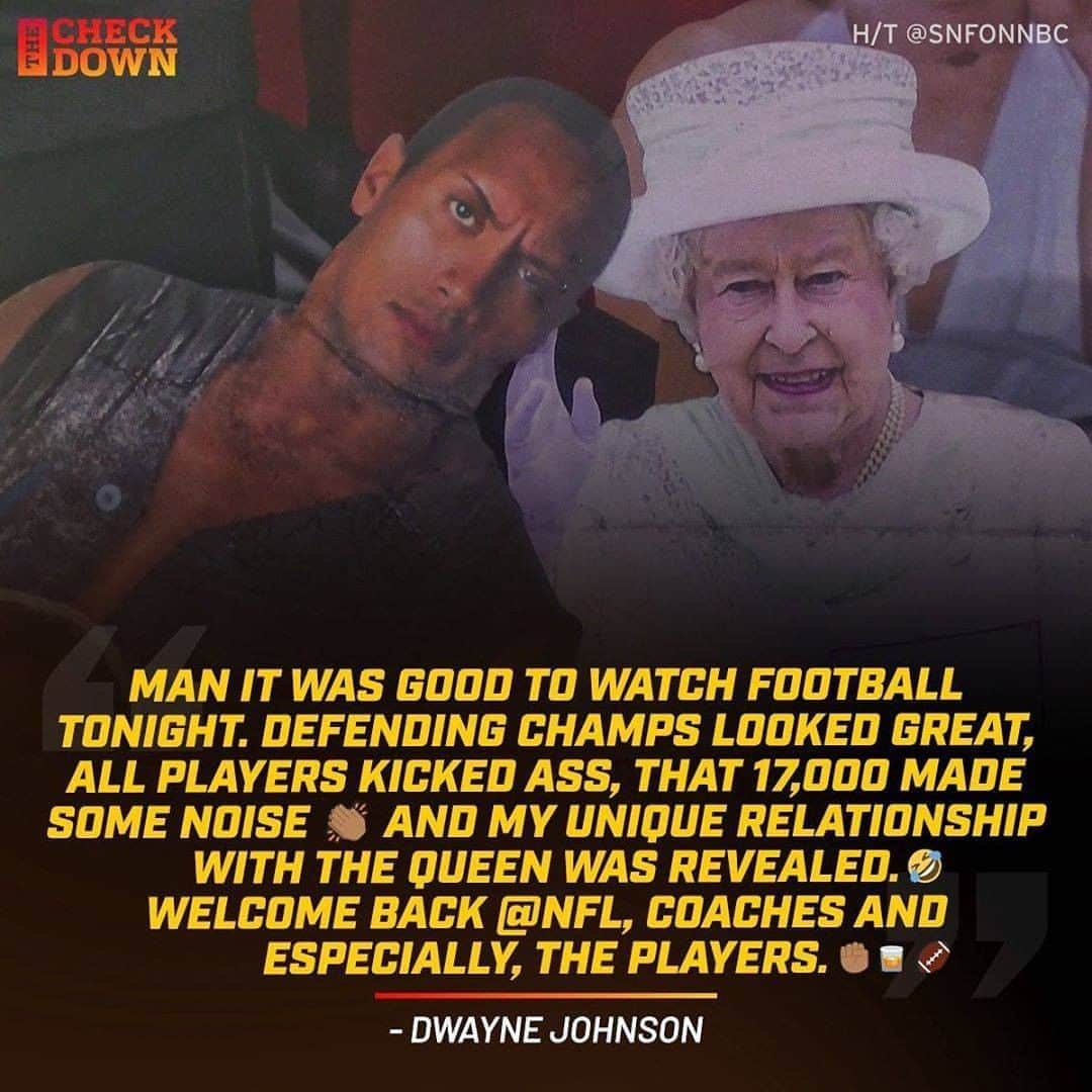 NFLさんのインスタグラム写真 - (NFLInstagram)「@therock and his friend The Queen had to check out the game on Thursday. 😂 (via @thecheckdown, h/t/ @snfonnbc)」9月13日 3時30分 - nfl