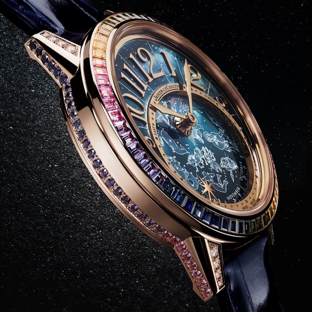 のインスタグラム：「Beauty of the night sky. #RendezVous _ Capturing the vastness of the cosmos within the tiny dimensions of a wristwatch. A calendar mechanism to rotate the celestial disc in cadence with the changing night sky. _ Rendez-Vous Celestial _ #JaegerLeCoultre #积家 #HomeofFineWatchmaking #RendezVous #Femininity #Style #Jewellery #Style #Gemstone #Art #ZodiacSigns #SavoirFaire #Design #ValleeDeJoux #Craftsmanship #Watchmaking #SwissWatch」