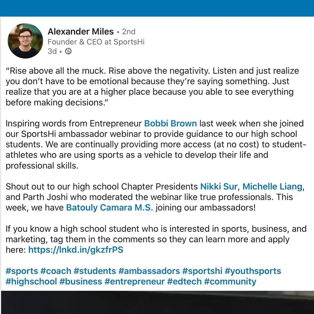 ボビー・ブラウンのインスタグラム：「Best advice I’ve given. Rise above the muck. There sure is a lot of it around us. Shout out to @sportshi and founder Alex Miles to create a business that empowers and gives high school kids a leg up and teaches life skills that will help them excel. And special shout out to my interviewers who asked really thought provoking questions. So peeps if you’re reading this :Rise above.」