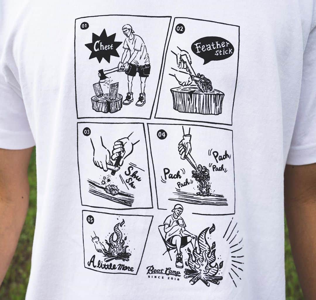 ビートないとーのインスタグラム：「New beatcampTシャツがようやく完成しました😭⛺️✨👕  火の起こし方をコミック風に描いていただきました🔥🙏✨  デザインかなり気に入っています🚀」
