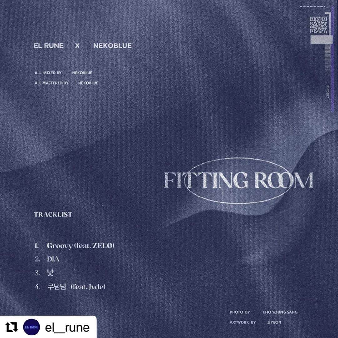 ZELO のインスタグラム：「‘1번’ 트랙 피쳐링 참여했습니다🤍🦏  <tracklist>  1. Groovy (feat. @byzelo) 2. DIA  3. 낯 4. 무덤덤 (feat. @jvdemilez)  #ELRune #NEKOBLUE #FITTINGROOM」