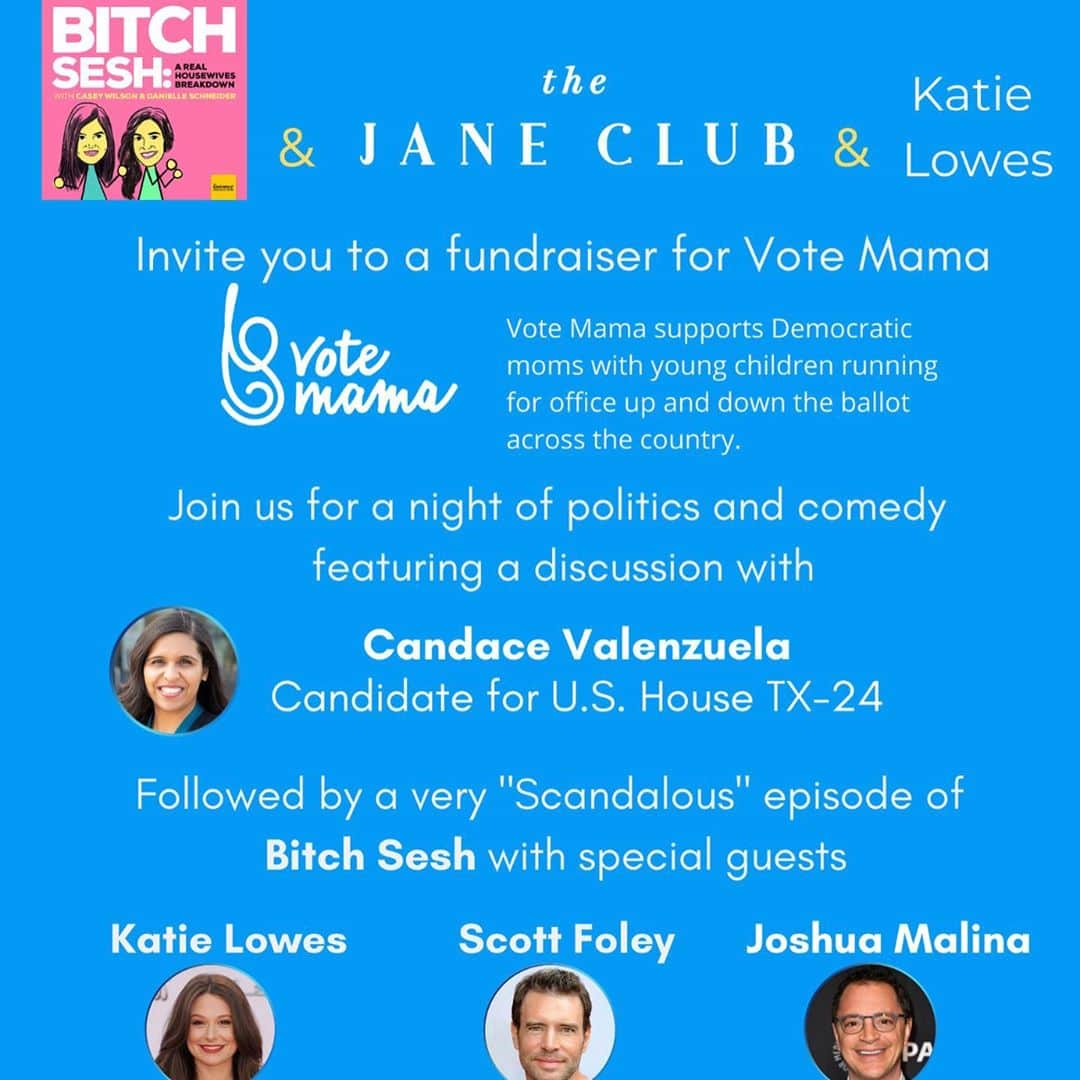 のインスタグラム：「Thrilled and honored to be a part of this! (and to see my #scandalfam @joshmalinasjoshmalina & @scottkfoley)  Bitch Sesh, @thejaneclub and @ktqlowes are hosting a fundraiser for Vote Mama! Come hear inspiring candidate for Congress @candacefor24 (THIS CLOSE to flipping a Republican seat in TEXAS) speak and then stay for a live Scandalous taping of Bitch Sesh with @ktqlowes @scottkfoley and @joshmalinasjoshmalina. Help us raise money for @votemamaus which supports progressive young moms running for office up and down the ballot. We must support female candidates, especially women of color to get them elected. November 3 is around the corner. Join us!」