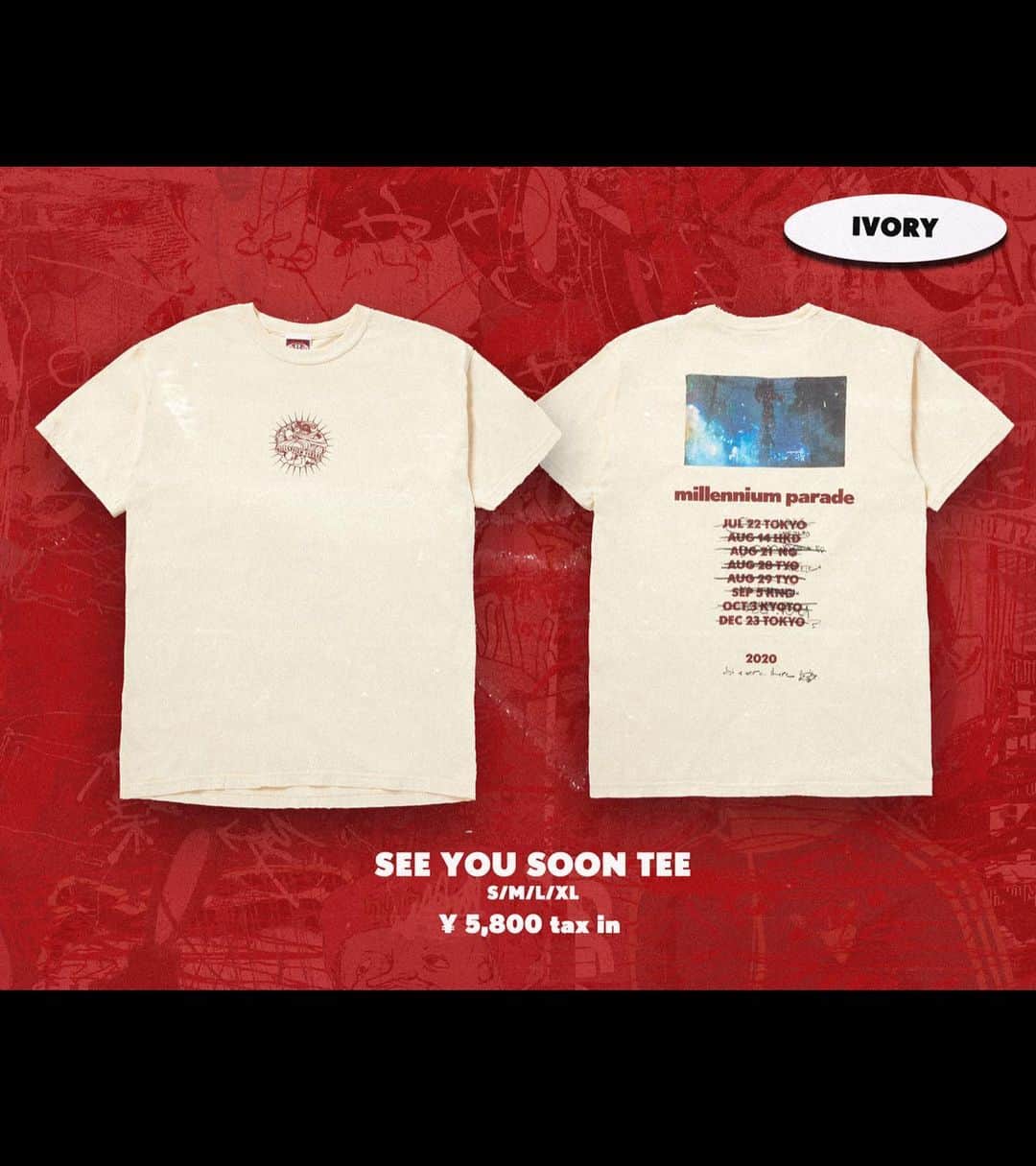 millennium paradeさんのインスタグラム写真 - (millennium paradeInstagram)「9/15 20:00 (JST) オフィシャルグッズ"See you soon TEE" オンライン販売決定. . Official online store  ［link in bio］https://www.official-store.jp/millparade/ . We couldn't make the tour happen but at least we made a t-shirt.  "See you soon TEE" coming soon. . ツアーは実現しなかったけどTシャツだけは作りました. "See you soon TEE" 近日発売。  😈  Graphics: @mesoism  Design: @dwscota」9月13日 12時00分 - mllnnmprd