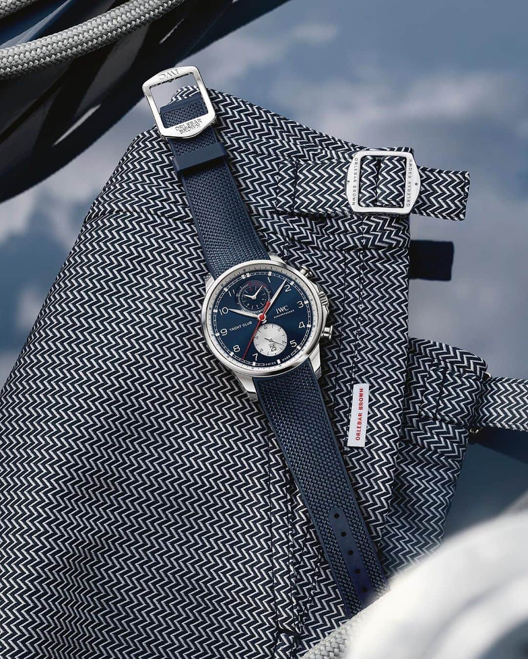 オールバーブラウンのインスタグラム：「Let’s slow things right down....⏱Take the time to admire this special collaborative Portugieser Yacht Club Chronograph Edition “Orlebar Brown” watch, it's the ultimate way to accessorise our @IWC resort wear capsule (link in bio). 🌟Visit the watch in selected stores & purchase via IWC stores or the IWC website.  #OrlebarBrown #IWCxOB #IWCPortugieser #IWCYachtClub #OBsAroundTheWorld」