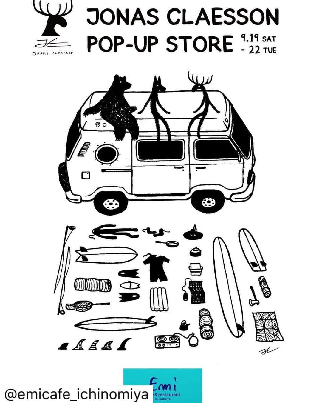 岡部亜紀のインスタグラム：「JONAS CLAESSON  POP-UP STORE  9/19~9/22 @emicafe_ichinomiya   オーストラリア在住イラストレーター ジョナスクレアッソンの絵画.アパレル.雑貨を展示します。 当日購入していただけるものもたくさんご用意してお待ちしております。  🦌ご来店の際は必ずマスク着用、アルコール消毒をお願いいたします  🦌店内が混み合う場合はお待ちいただくことがあります ご協力どうぞよろしくおねがいします。  #emicafeandrestaurant #emicafe_ichinomiya #emicafe #emi #ichinomiya #chiba #japan #エミカフェ #千葉 #一宮町 #一宮 #一宮海岸 #外房 #jonasclaesson  #popupstore  #千葉初上陸  #ジョナスクレアッソン  #悶絶かわいい  #ぜひみにきてね  @jonas_draws  @jonasc.jp」