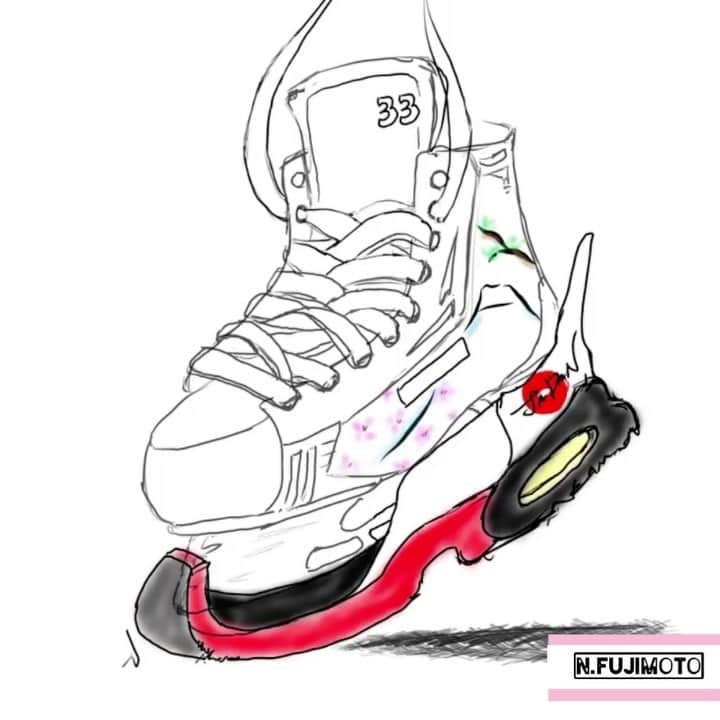 藤本那菜のインスタグラム：「Sketch⛸ New sole* "air max for skates" @nikesportswear when have a long way to go before on the ice.  最早、靴。というスケートカバーがあったらいいなと思う今日この頃。機能性(歩き易さは重要)とデザインが兼ね備わっていれば尚良🌸  Japanカラーを意識したつもりが、途中から何故かミッキーカラーにしか見えなくなりました。笑  ⛸スケートブレード/エッジについての紹介はこちら(動画有)▶︎ @densohokkaido.athlete   #skateguards #airmax #hockey」