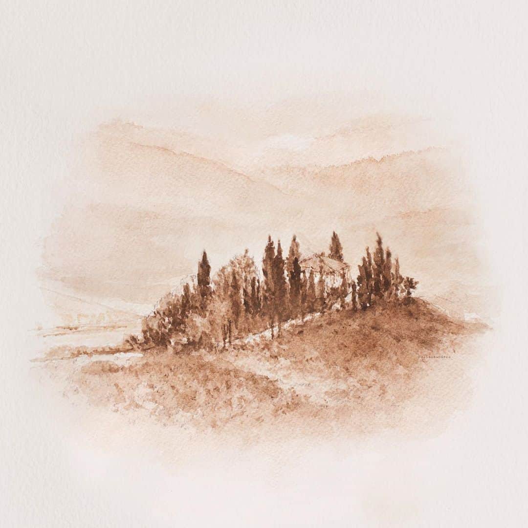 PSNYのインスタグラム：「A little watercolor painting of the Tuscan countryside for a commission. Part of a series of Italian scenery for the weddings invitations」