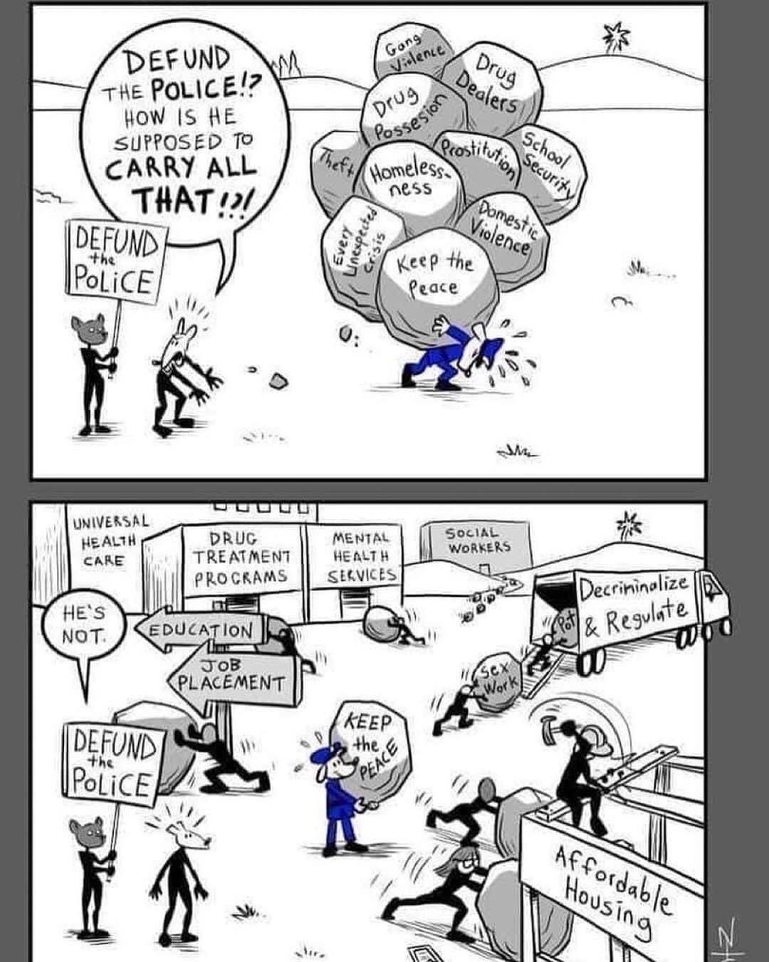 ジェイソン・ムラーズのインスタグラム：「Sunday comics. What DEFUND THE POLICE could look like - employing other departments and personnel to handle the weight currently held by cops. 📷 by @nealskorpen」
