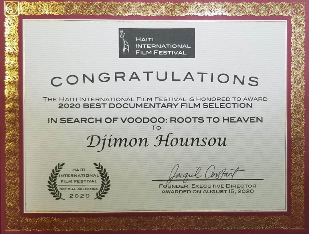ジャイモン・フンスーのインスタグラム：「Haiti International Film Festival 2020 - Best Documentary awarded to In Search of Voodoo: Roots to Heaven; thank you 🙏🏿」