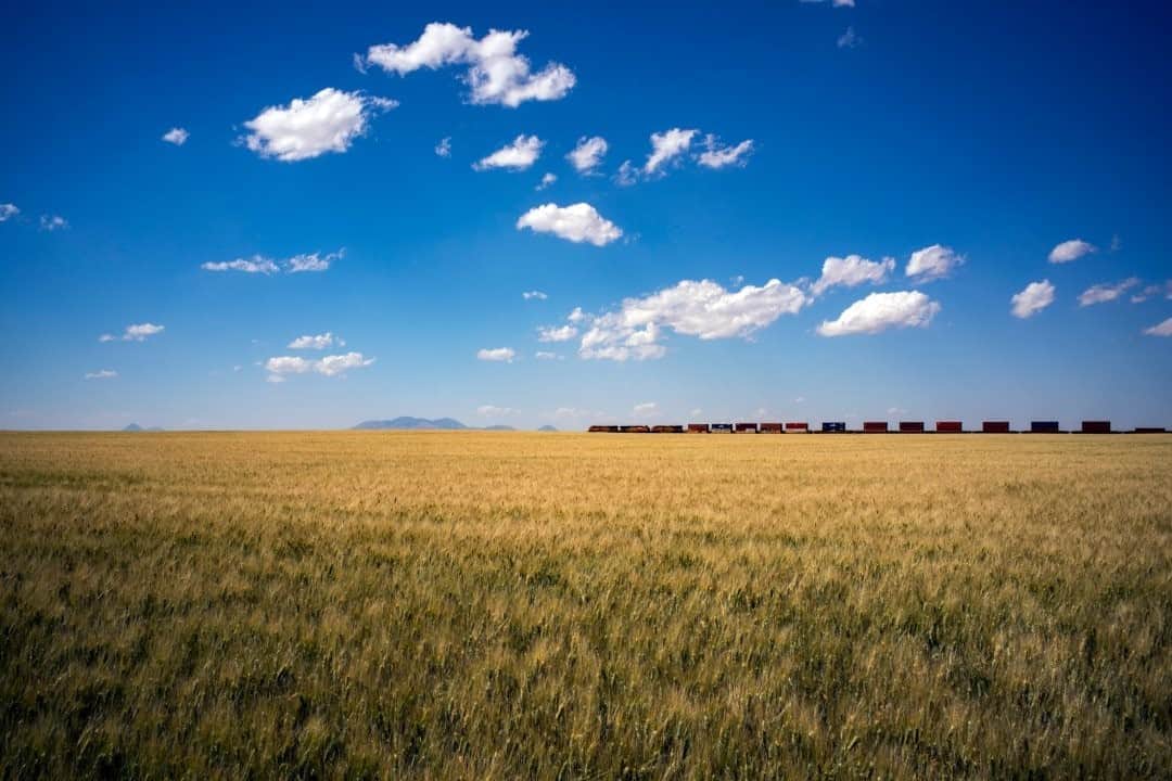 のインスタグラム：「Photo by @michaelchristopherbrown  A Burlington Northern Santa Fe Railway train passes a wheat field just outside the town of Kremlin, Montana. Formerly known as the Great Northern Railway, the northernmost transcontinental railroad in the United States was privately funded; with no federal subsidies for its construction, it was unique among other transcontinental railroads. Follow @michaelchristopherbrown for more stories from around the world.」