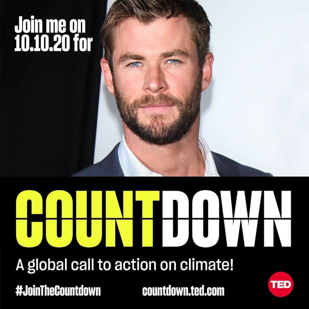 クリス・ヘムズワースさんのインスタグラム写真 - (クリス・ヘムズワースInstagram)「On 10.10.20, I’ll be taking part in @TEDCountdown, a free, live, global event to change how we tackle climate change.   I’ll be joined by some incredible guests like @markruffalo, @c.syresmith, @doncheadle and more. Are you ready to #JoinTheCountdown?  Visit countdown.ted.com to see the full speaker lineup and sign up for event reminders.」9月15日 0時43分 - chrishemsworth